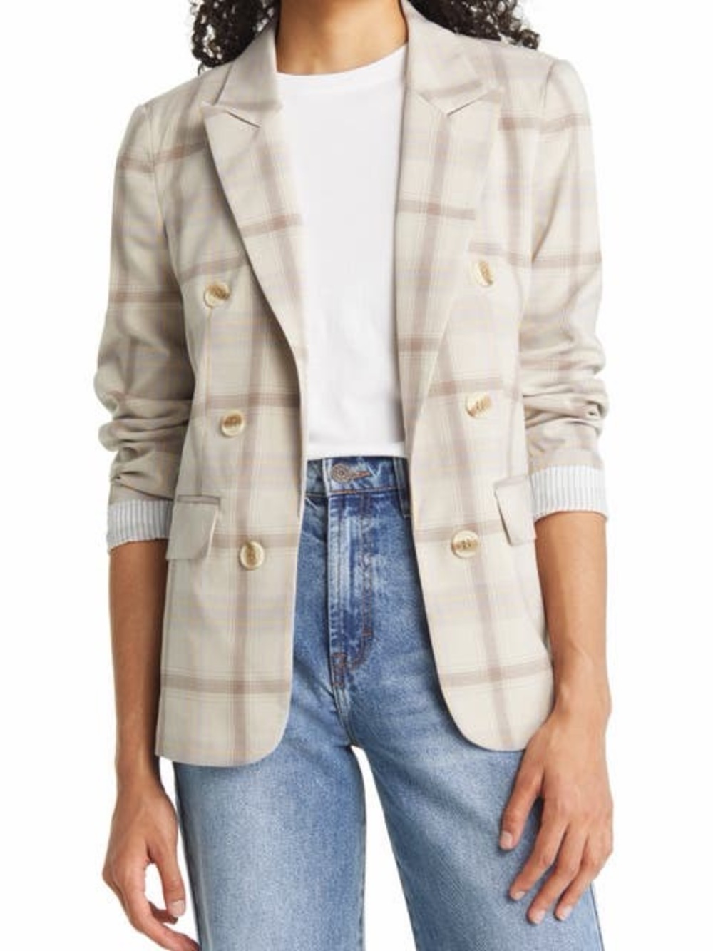 1. State Cream Plaid Double-Breasted BlazerGrey Yellow Checked Size L